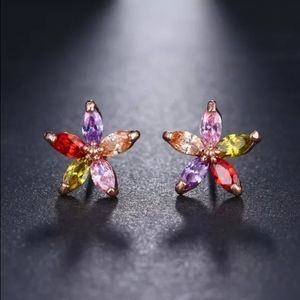 Cute Multicolor AAA Cubic Zirconia Flower Rose Gold Stud Earrings
